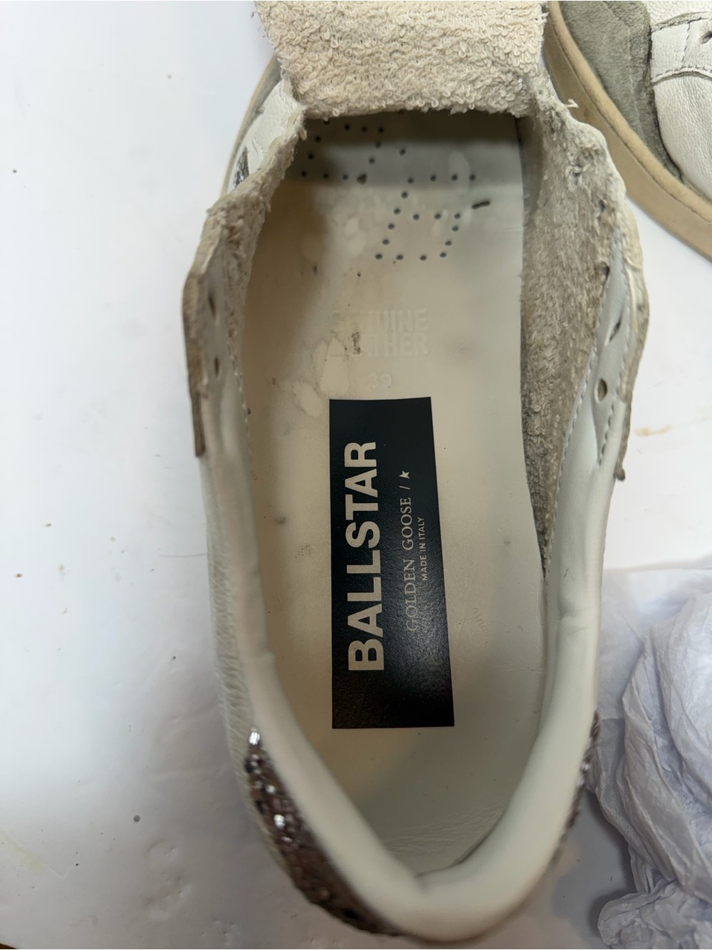 Golden Goose White Sneakers with Silver Glitter size 39(8.5US) no laces - Picture 9 of 10
